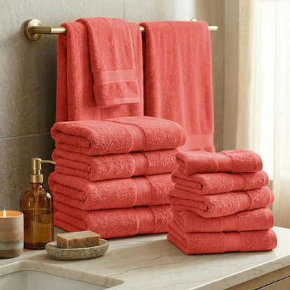SUPERIOR Egyptian Cotton Ultra Plush & Absorbent, 12 Piece Set, Coral | Heavyweight 12 Pc Egyptian Cotton Towel Set Includes 4 Bath Towels 4 Hand Towels 4 Washcloths Decorative Rope Border