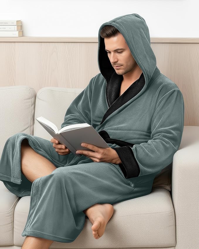 NY Threads Mens Robe with Hood, Luxury Plush Fleece Hooded Mens Bathrobe, Spa Bath Robe for Men