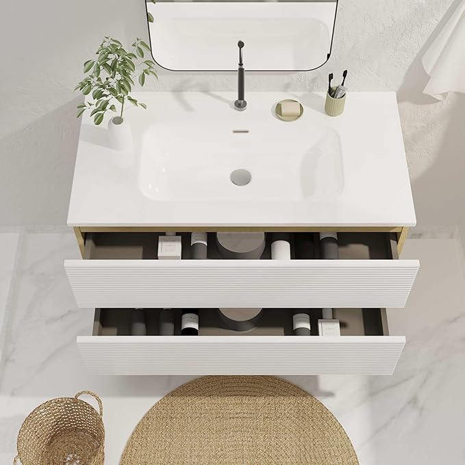 36'' Floating Bathroom Vanity with Sink Combo, Modern Bathroom Cabinet with 2-Soft Close & Large Storage Drawers, for Bath, Apartment, Hotel, White and Natural (Already Assembled)