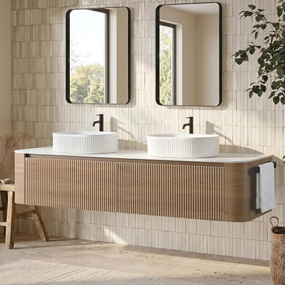 72" Floating Bathroom Vanity with Double White Sink, Honey Oak | Pre-Assembled Fluted Wall Mounted Vanity with Sintered Stone Countertop, Rounded Edges, Soft-Close Drawers & Towel Rack