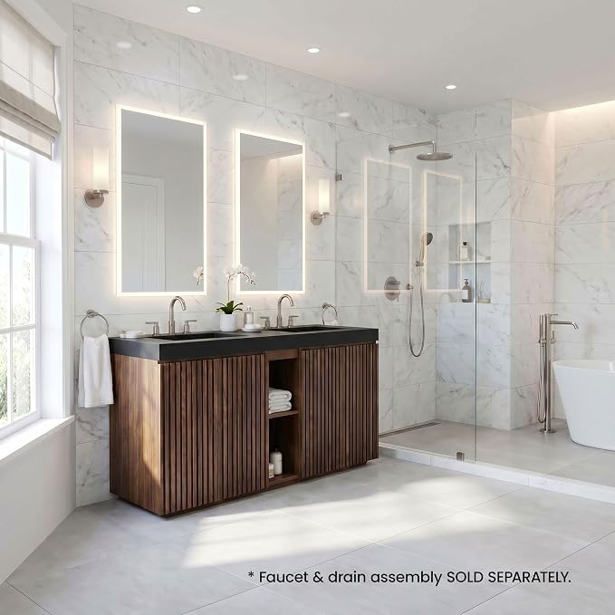 60" Double Bathroom Vanity with Sink (8" Widespread Faucet Holes Predrilled), Mid Century Modern Bathroom Cabinet with 4 Doors & Shelves, Matte Black Sink with Overflow, Walnut