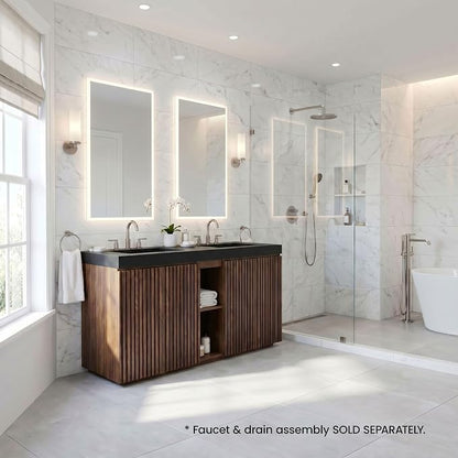 60" Double Bathroom Vanity with Sink (8" Widespread Faucet Holes Predrilled), Mid Century Modern Bathroom Cabinet with 4 Doors & Shelves, Matte Black Sink with Overflow, Walnut