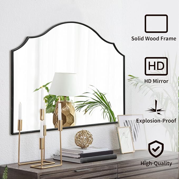 Besdomus Black Scalloped Dresser Mirror: 35"x26" Wooden Bathroom Mirror | Modern Minimalist Decorative Arched Wall Mirror for Vanity/Mantel/Bedroom/Entryway/Fireplace/Nightstand/Dining Room/Over Sink