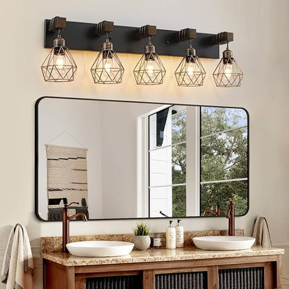 maesta Bathroom Vanity Light, 5 Light Farmhouse Fixture Over Mirror | Farmhouse Bathroom Light Fixtures, Wood & Metal, Black Gold, Anti-Rust Easy to Install for Rustic Bathroom Hallway