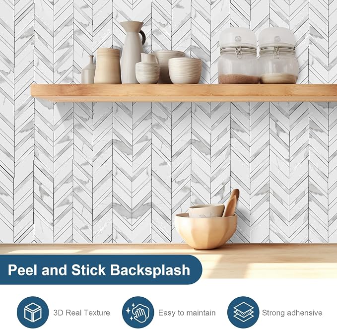 Yipscazo 10 Sheets Herringbone Peel and Stick Backsplash, Marble White Mixed Metal Silver PVC Stick on Tiles for Kitchen, Waterproof Self Adhesive Wall Tiles for Bathroom