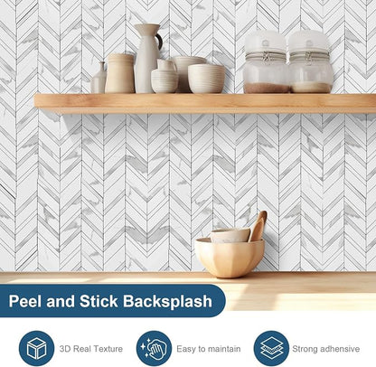Yipscazo 10 Sheets Herringbone Peel and Stick Backsplash, Marble White Mixed Metal Silver PVC Stick on Tiles for Kitchen, Waterproof Self Adhesive Wall Tiles for Bathroom