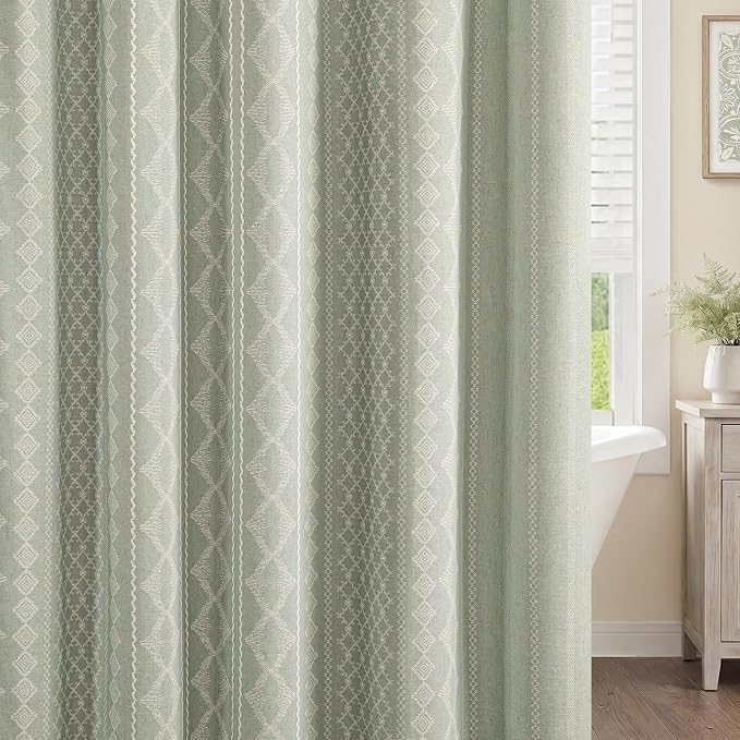 Sage Green Shower Curtain,Boho Linen Fabric for Bathroom with Beige Striped Print,72" W x 72" L
