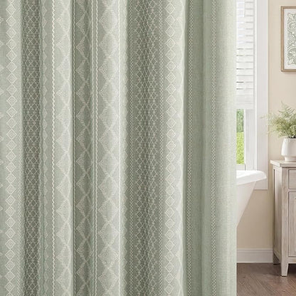 Sage Green Shower Curtain,Boho Linen Fabric for Bathroom with Beige Striped Print,72" W x 72" L