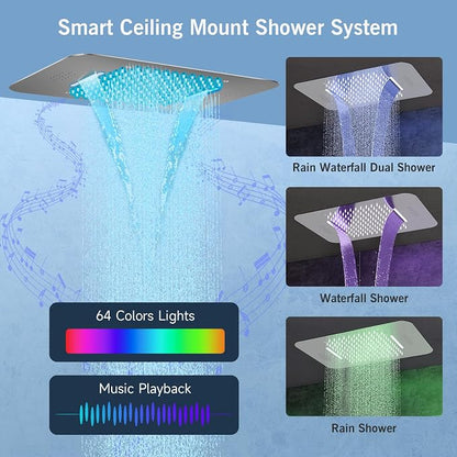 Full Body Shower System with Body Jets, Thermostatic Rain Waterfall Shower Head System, Luxury Ceiling Mount Multi Shower Head System with Handheld and Tub Spout, LED Music Overhead Shower