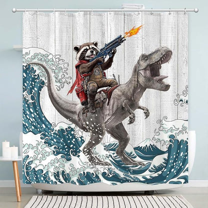 Funny Raccoon Dinosaur Shower Curtain 84 Inch Extra Long Fun Cool Animal Japanese Ocean Wave Shower Curtains for Bathroom Kids Unique Waterproof Fabric Rustic Wooden Farmhouse Bath Curtain Decor
