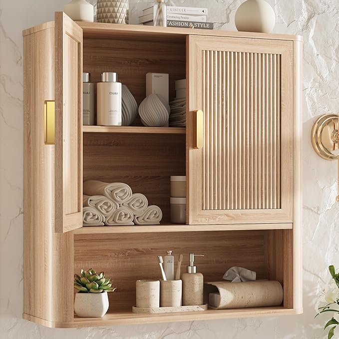Bathroom Wall Storage Cabinet, Medicine Cabinet with Adjustable Wood Shelf & Doors, Over The Toilet Storage Cabinet for Laundry Room & Living Room Kitchen Storage Islands (Natural Oak)