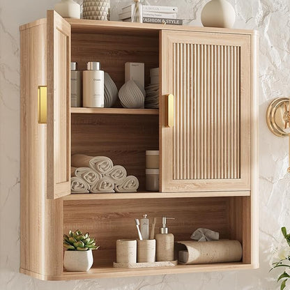 Bathroom Wall Storage Cabinet, Medicine Cabinet with Adjustable Wood Shelf & Doors, Over The Toilet Storage Cabinet for Laundry Room & Living Room Kitchen Storage Islands (Natural Oak)