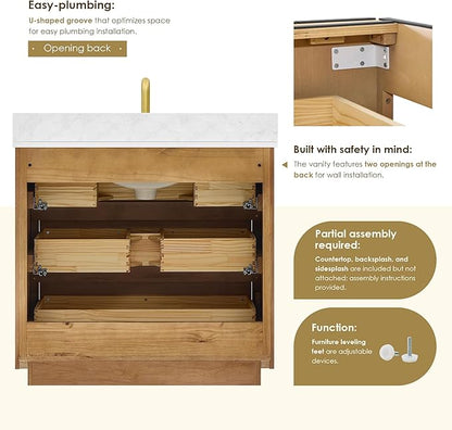 ALTAIR 36 Bathroom Vanity with Sink Mordern Freestanding Single Vanities Brown Large Storge Cabinet with Backsplash Sidesplash Ceramic Countertop Pre-Assembled Bath Fixtures
