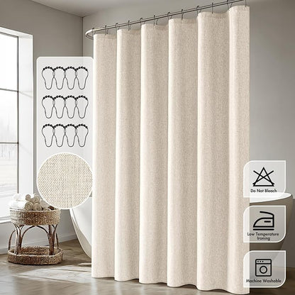 ANRODUO Cream Beige Extra Long Linen Fabric Shower Curtain Set - W72xL96 | Farmhouse Shower Curtain with 12 Metal Hooks, Waterproof Heavy Duty, Button Hole Design, Machine Washable for Bathroom