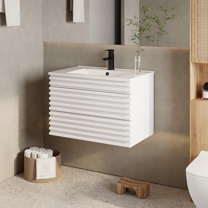 eclife 30" Floating Bathroom Vanity with Sink Combo Mid-Century Wall Mounted Cabinet with Wood Stripes Decor, Drawers, Undermount Single Sink, Faucet, Drain, Mixed White