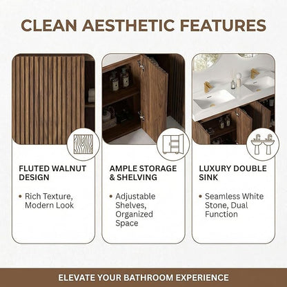 60" Double Bathroom Vanity with Sink Combo, Mid Century Modern Bathroom Cabinet with Doors & Shelves, Glossy White Integrated Sink with Overflow, Walnut