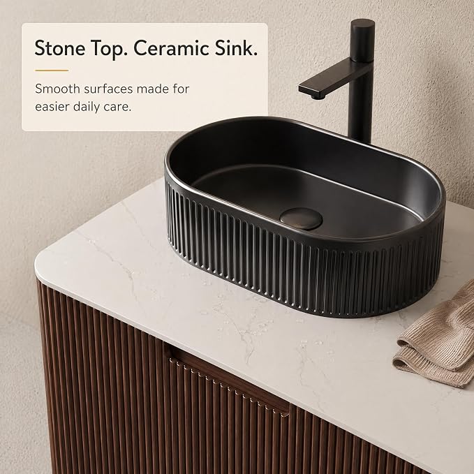 60 Inch Double Sink Bathroom Vanity, Floating Wall Mounted Cabinet, Dark Walnut Curved Fluted Front, Stone Top, Dual Black Textured Oval Vessel Basins, Pre-Assembled