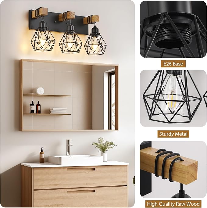 VbiTmn Bathroom Light Fixtures,3 Light Black Farmhouse Wood Vanity Lights | Rustic Design, Diamond Metal Shades, Easy to Install, Wall Sconces for Bathroom, Bedroom, Makeup Area, Over Vanity Mirror