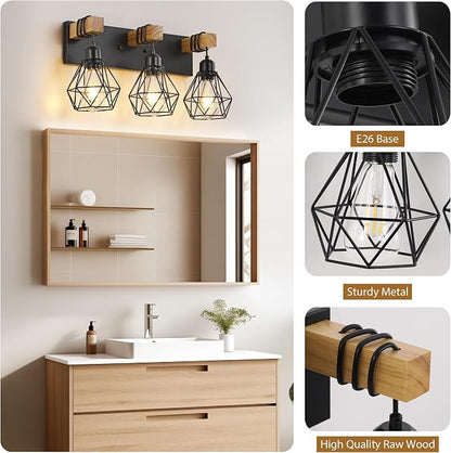 VbiTmn Bathroom Light Fixtures,3 Light Black Farmhouse Wood Vanity Lights | Rustic Design, Diamond Metal Shades, Easy to Install, Wall Sconces for Bathroom, Bedroom, Makeup Area, Over Vanity Mirror