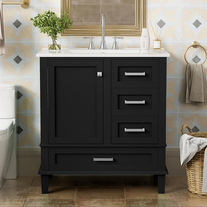 30" Bathroom Vanity with Smooth Ceramic Sink Combo, Free Standing Single Basin Vanity Set with 3 Drawers,Solid Wood Bathroom Cabine for Bathroom,Black