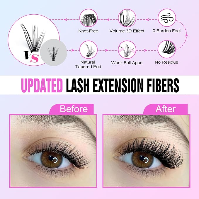Lash Clusters Kit Cat Eye Lash Extension Kit DIY 9-16mm Cluster Eyelash Extensions Kit 40D Individual Lashes with Lash Bond and Seal, Lash Tweezers for Self Use (Fox 40D, 9-16mm, Kit)