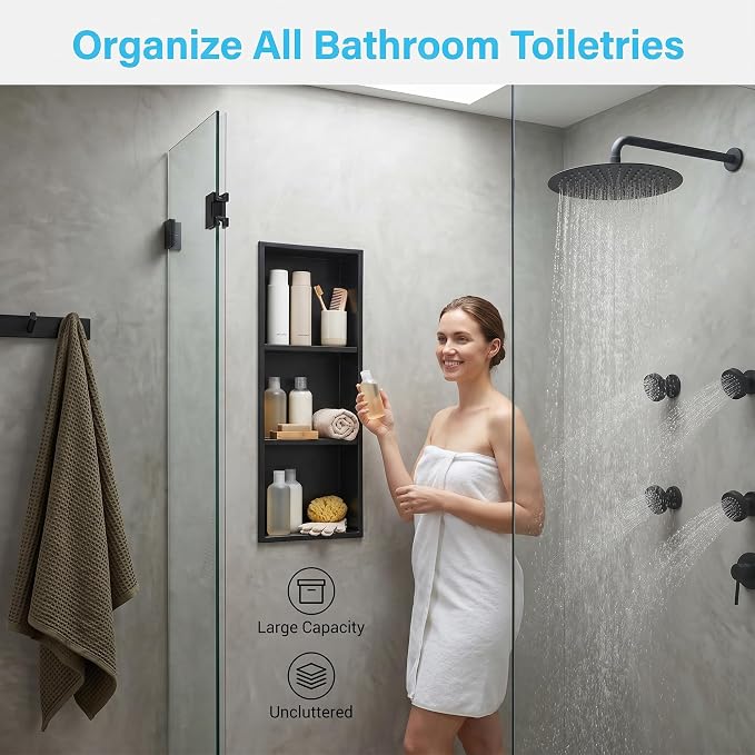 304 Stainless Steel Shower Niche 12” x 36” for Bathroom Storage | Matte Black Recessed Shower Niche No Tile Needed with 3-Tier Shelves