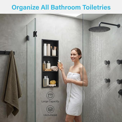 304 Stainless Steel Shower Niche 12” x 36” for Bathroom Storage | Matte Black Recessed Shower Niche No Tile Needed with 3-Tier Shelves