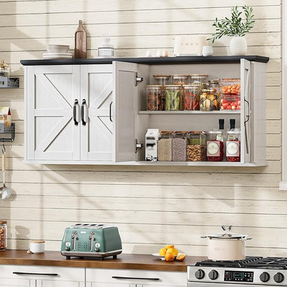 47" Laundry Room Cabinets and Storage with 4 Doors and Utility Adjustable Shelf, Large Wall Mounted Storage Cabinet, Upper Kitchen Cabinet for Laundry, Bathroom, and Kitchen, White and Black