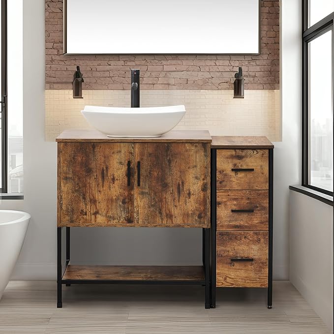 UEV 42" Rustic Brown Bathroom Vanity with Sink Combo,Industrial Iron Frame Bathroom Cabinet Sets with 3 Drawers Side Cabinet,Modern Artistic Ceramic Vessel Sink(032WH)