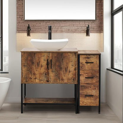 UEV 42" Rustic Brown Bathroom Vanity with Sink Combo,Industrial Iron Frame Bathroom Cabinet Sets with 3 Drawers Side Cabinet,Modern Artistic Ceramic Vessel Sink(032WH)