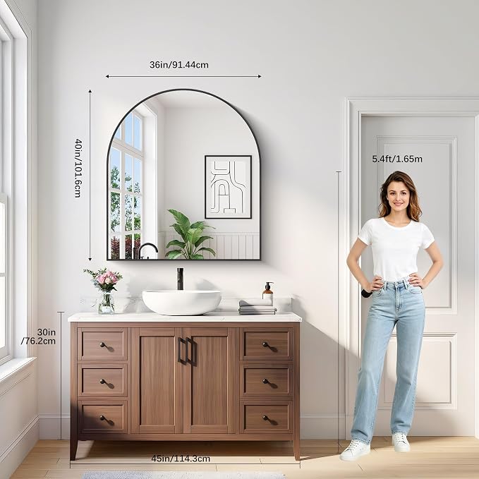 Arched Bathroom Mirror 36x40 Inch, Bathroom Mirror for Over Sink, Wide Wall Vanity Mirror with Aluminum Frame & Tempered Glass, Ideal for Bedroom, Entryway, Living Room, Mantel, Black