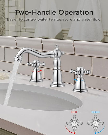 FORIOUS Bathroom Faucets for 3 Hole Sink Polished Chrome, 2-Handle 8 Inch Widespread Antique Vintage Bathroom Sink Faucet for Vanity RV Farmhouse with Metal Pop Up Drain and Supply Lines
