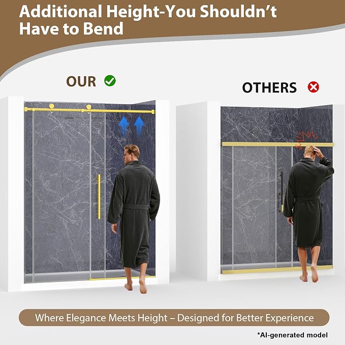61-66" W x 76" H Frameless Sliding Shower Doors Brushed Gold | 1/4''(6mm) Tempered Glass,Explosion Proof Film,Nano Coating,Stainless Steel Hardware,Easy to Clean,Customizable Width