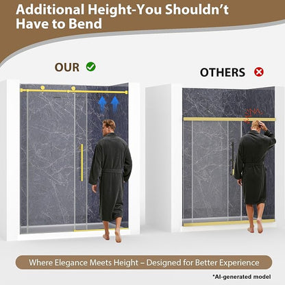 49-54" W x 76" H Frameless Sliding Shower Doors Brushed Gold | 1/4''(6mm) Tempered Glass,Explosion Proof Film,Nano Coating,Stainless Steel Hardware,Easy to Clean,Customizable Width