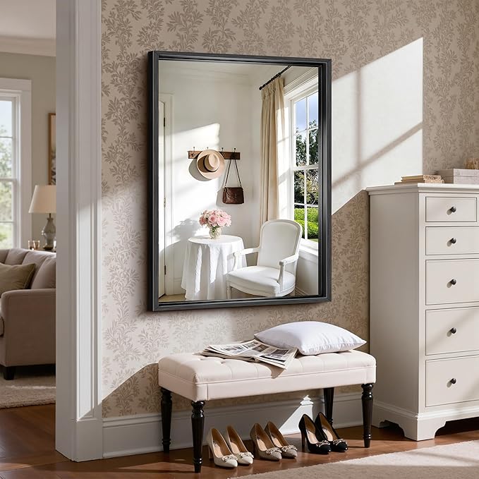 CIRCUMI 30"x42" Black Mirror with Chunky Box Metal Frame, Brushed Finish Rectangular Bathroom Mirrors for Over Sink, Living Room, Entryway, Tempered Glass Mirror for Wall, Vertical or Horizontal