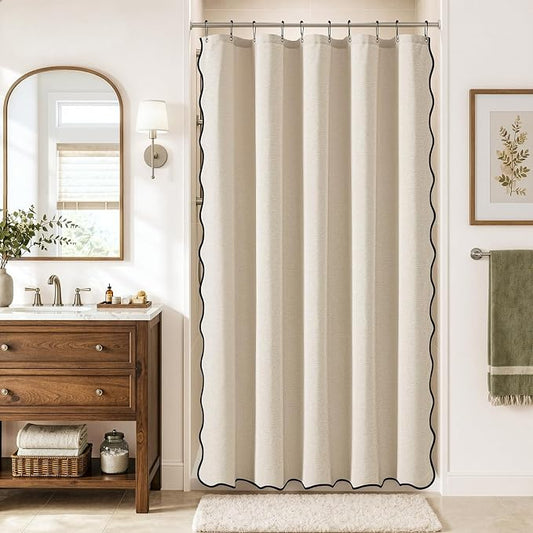 MIULEE Cream Scalloped Linen Shower Curtain 60x72 Inches | Linen Textured, Waterproof, Washable, 10 Metal Hooks, Heavy Duty Cloth, Black Border, Shower Curtain for Bathroom Bathtub