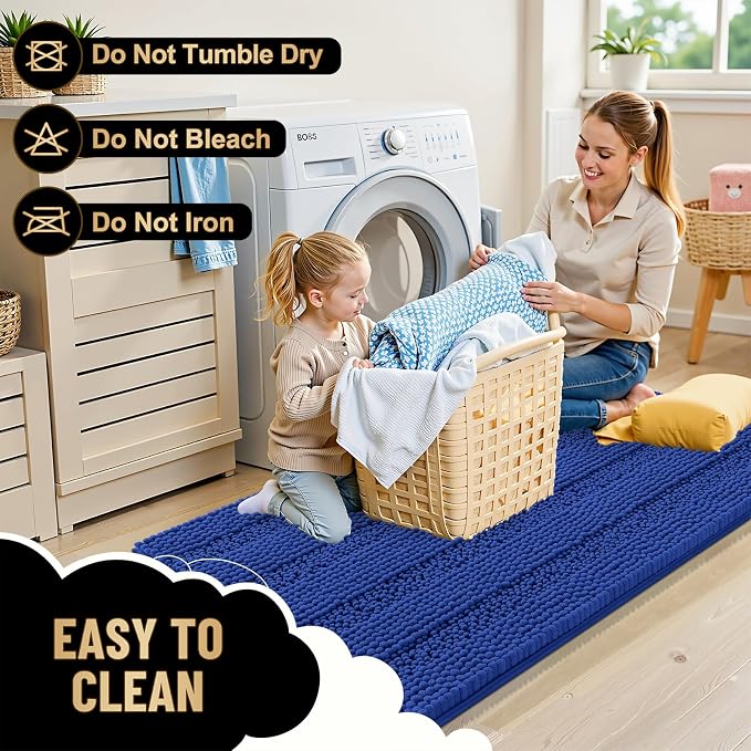 OLANLY Thick Small Bathroom Rugs 24x16, Soft Chenille Bath Rugs, Royal Blue | Rubber Backing, Machine Wash, Extra Absorbent Striped Bath Mats for Bathroom Floor, Tub and Shower, Home Decor Accessories