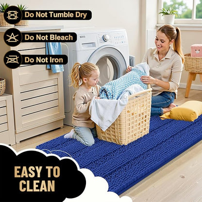 OLANLY Thick Small Bathroom Rugs 24x16, Soft Chenille Bath Rugs, Royal Blue | Rubber Backing, Machine Wash, Extra Absorbent Striped Bath Mats for Bathroom Floor, Tub and Shower, Home Decor Accessories