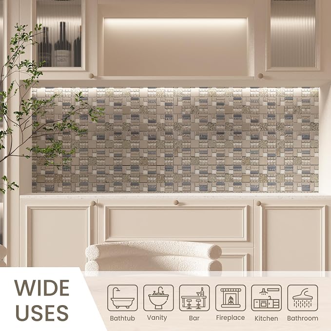 Glass Mosaic Tile Backsplash Grey and Silver 12 x 12 Inch 5 sq.ft. | Glass Tile for Kitchen Backsplash Bathroom Wall 5-Pack