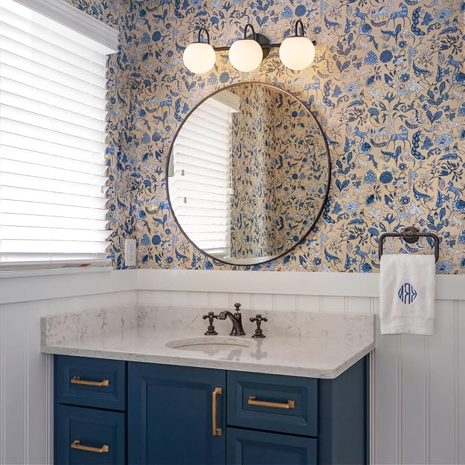 Milk Glass Vanity Light, 22.6" Modern Bathroom Light Fixtures Mid-Century Globe Vanity Light 3-Light Glass Wall Sconce Black | Mid-Century Globe Vanity Light 3-Light Bathroom Vanity Light, Up/Down Mounting Design, Glass Wall Sconce for Bathroom Hallway