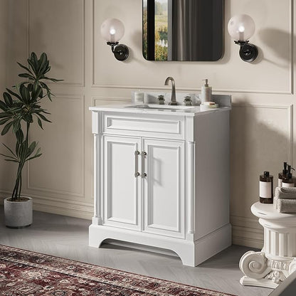 LIKIMIO 30" Bathroom Vanity with Sink, Freestanding Bathroom Vanity with 2 Soft-Close Doors, Engineered Stone Countertop & Undermount Ceramic Sink, Transitional Bathroom Vanity, Easy Assembly, White
