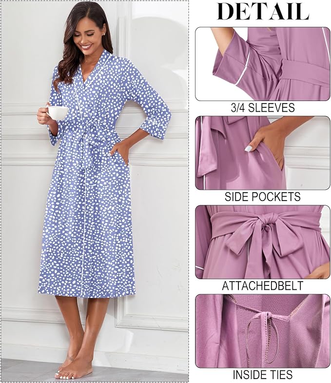 PrinStory Robes for Women 3/4 Sleeve Long Bath Robe XS-4XL | V-Neck Knit Bathrobe with Pockets, Lightweight, Soft, Breathable Robes for Shower, Spa, Travel, Home, Party, Nursing
