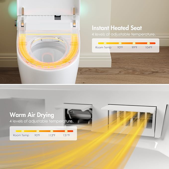 One Piece Smart Bidet Toilet, Foot Sensor Flush, Wash & Dry | Off Seat Auto Flush, Heated Seat, Instant Warm Water, Self Cleaning Wand, Adjustable Wash Settings, Pre Wet, Night Light