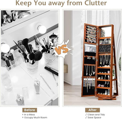 COSTWAY 360 Rotating Jewelry Armoire Cabinet, Standing Jewelry Organizer w/Full-Length Mirror & Large Storage Space, Lockable Mirror Jewelry Cabinet for Girls Women (Walnut)
