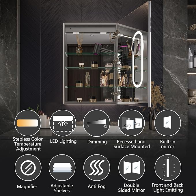 24x36 Medicine Cabinet with Lights & Magnifier & Mirrors, GFCI Outlet, Soft-closed Hinges, Front&Backlit, Anti-Fog, Dimmable&Tunable, Sensor Lights, Recessed/Surface, Adjustable Shelves, Right-handed