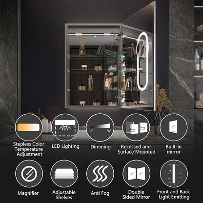 24x36 Medicine Cabinet with Lights & Magnifier & Mirrors, GFCI Outlet, Soft-closed Hinges, Front&Backlit, Anti-Fog, Dimmable&Tunable, Sensor Lights, Recessed/Surface, Adjustable Shelves, Right-handed