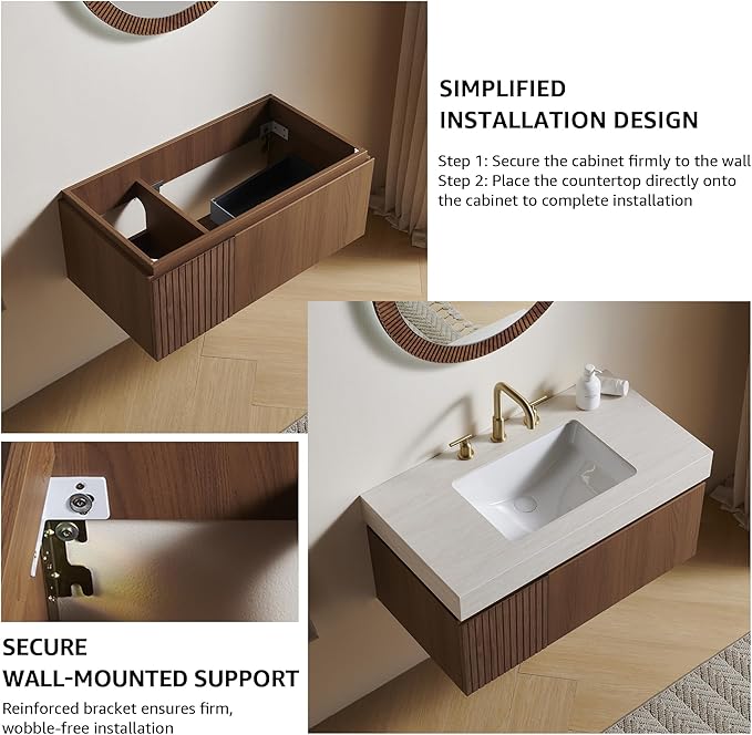 30” Floating Bathroom Vanity with Sink, Wall-Mounted Cabinet with Drawer & Doors, Roma Travertine-Pattern Countertop, Undermount Basin, 3 Faucet Hole, Soft-Close, Pre-Assembled, Brown Oak