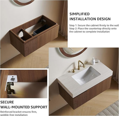 36” Floating Bathroom Vanity with Sink, Wall-Mounted Cabinet with Drawer & Doors, Roma Travertine-Pattern Countertop, Undermount Basin, 3 Faucet Hole, Soft-Close, Pre-Assembled, Brown Oak