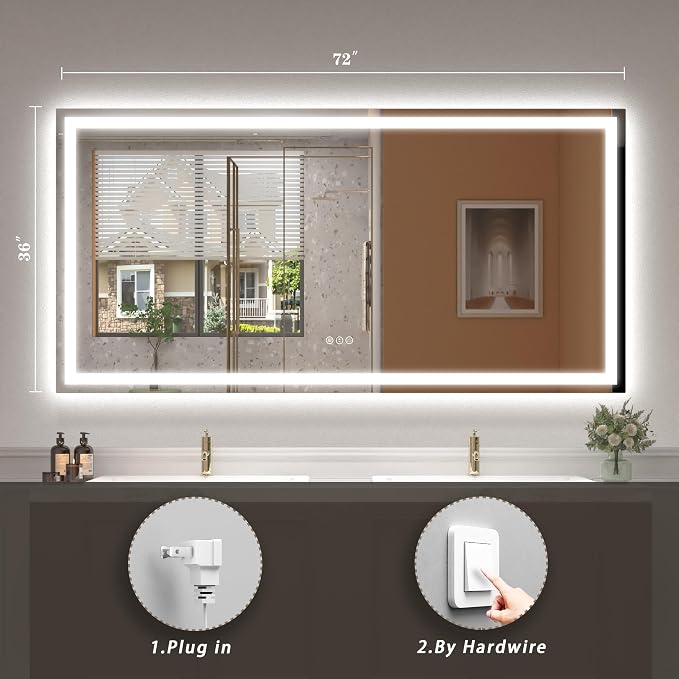 72x36 LED Lighted Bathroom Mirror for Vanity Wall | Front Light and Backlit, Anti-Fog, Memory, 3 Color, Tempered Glass, Dimmable, Rectangular, UL, Horizontal/ Vertical Mounted