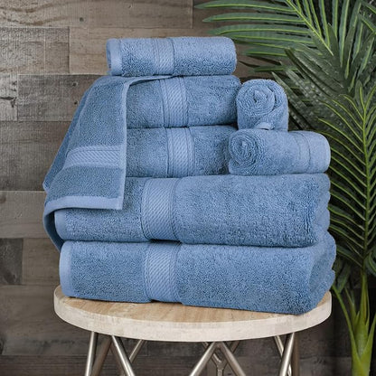 SUPERIOR Egyptian Cotton Ultra Plush & Absorbent, 8 Piece Set, Denim Blue | Quick Dry, Soft Luxury Towel Set, Bath Essentials, Guest Bath, Spa, 2 Bath, 2 Hand, 4 Face Towels, Madeline Towels